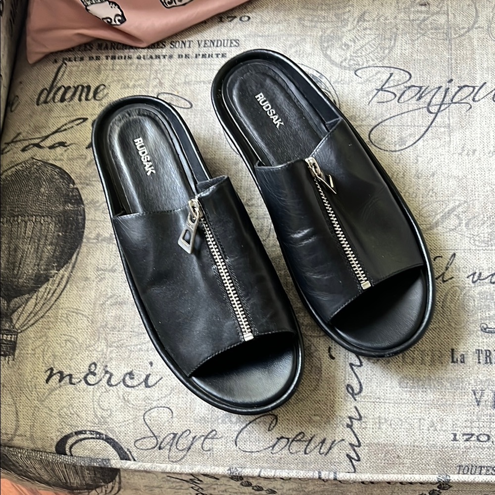Rudsak Black Leather Zip Slide Sandals